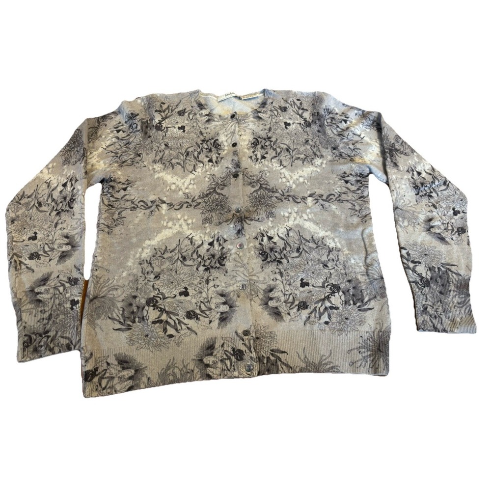 Neiman Marcus Cashmere Collection Gray Floral Cardigan, Iridescent Buttons, Sz L